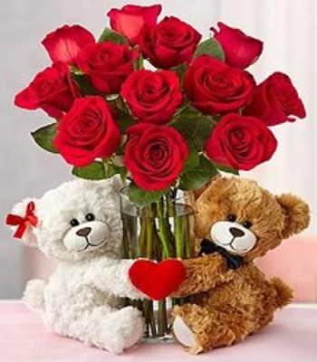 Valentine's Day Gift - 24 Red Rose Bouquet with Cuddly Bears
