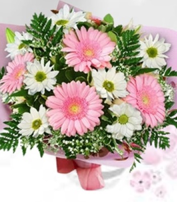 Gerberas and White Chrysanthemum Hand-Tied Bouquet