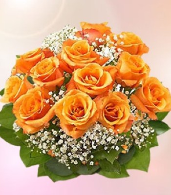 15 Orange Roses and Gypsophila Hand-Tied Bouquet