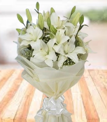 White Lilies and Gypsophila Hand-Tied Bouquet