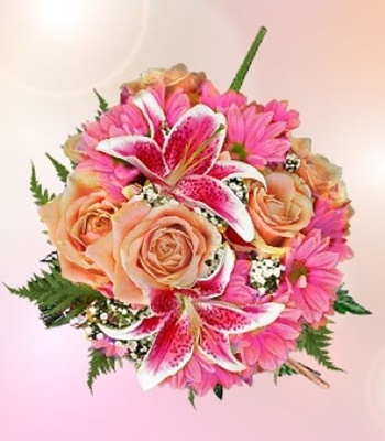 Mix Flowers - Lilies, Roses, Chrysanthemums and Gypsophila in Round Vase
