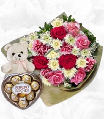 Mix Color Flower Bouquet With Teddy Bear and Chocolates