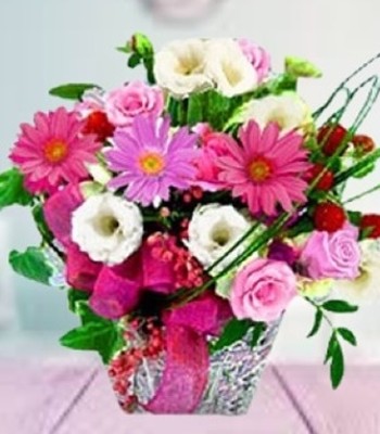 Mix Flowers in Basket - Gerberas Roses and Carnations