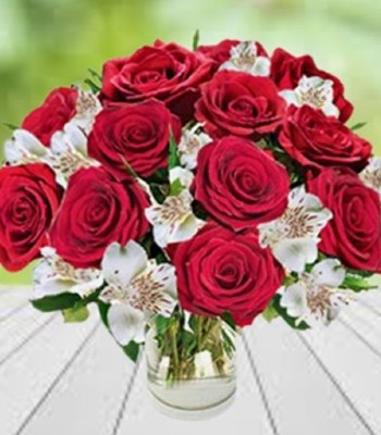 Dozen Red Roses with White Alstromenias