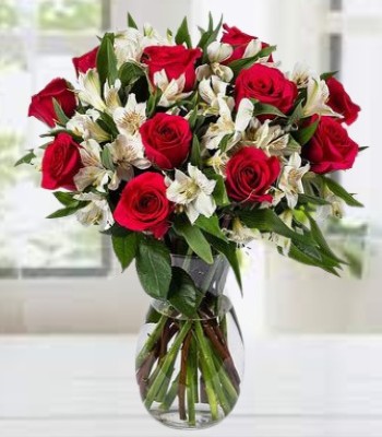Ultimate Fantasy - Dozen Red Roses with White Alstromeria Blooms