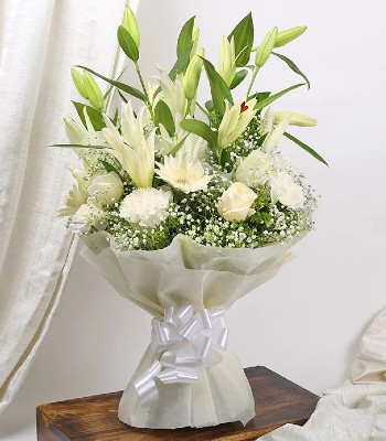 White Flower Bouquet Hand-Tied With Paper & Ribbon