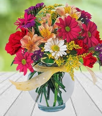 Vibrant Joy - Chrysanthemums Lilies and Roses in Glass Vase and Ribbon 