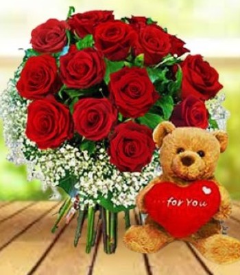 Rose Flower Bouquet - 12 Roses with Baby's Breath & For You Teddy Bear