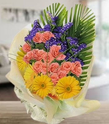 Radiant Rhapsody - Roses Gerberas and Statice