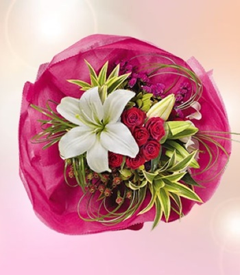 Lilies Roses Statice and Leucadenrons Hand-Tied Bouquet