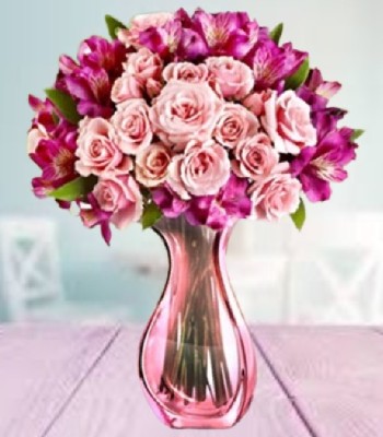 Pink Roses and Purple Alstromerias in Pink Vase