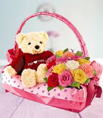 30 Mix Colored Roses with Teddy Bear and Pink Basket