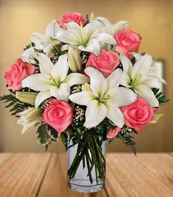 Lily and Rose Arrangement - Asiatic Lilies and Roses With Glass Vase