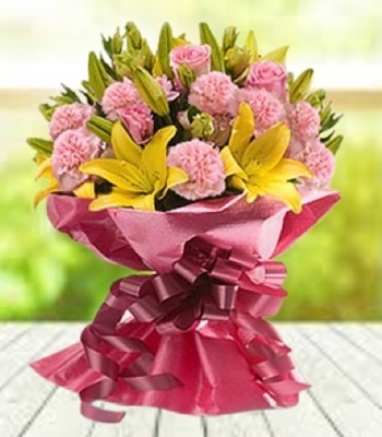 Passionate Pink Bouquet - Lilies Carnations and Fillers