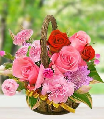 Anniversary Flower Bouquet - Red and Pink Roses, Pink Carnations and Greenery