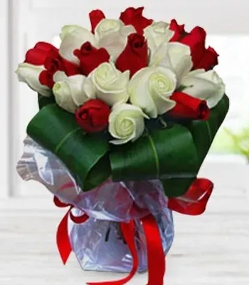 Rose Flower Bouquet - 18 Red and White Roses