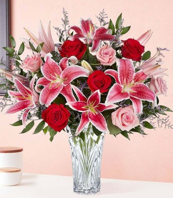 Rose & Lily Flower - Pink Stargazer Lily and Red Roses in Elegant Vase