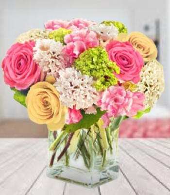 Picture Perfect Roses with Filler Flowers and Glass Vase