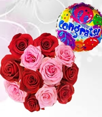 Dozen Red and Pink Roses With Balloon