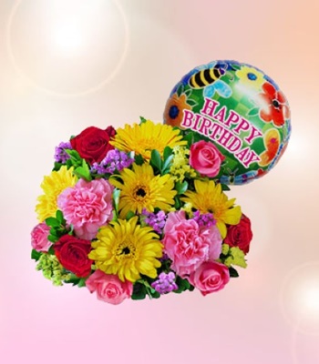 Happy Birthday Bouquet with Balloon - Mix Color Assorted Flowers