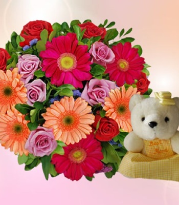Bouquet of Rose, Gerbera Daisy and Limoniums with Cute Teddy Bear