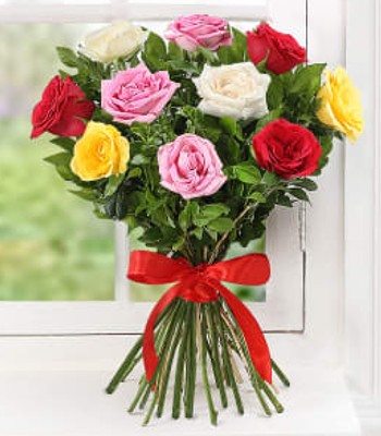 Mix Color Rose Bouquet - 12 Assorted Long Stem Roses
