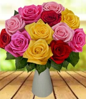 Rainbow Colors - Dozen Assorted Roses with Fancy Vase