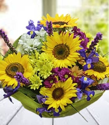 Sunflowers Daisies Blue Iris and Liatris Flowers Bouquet