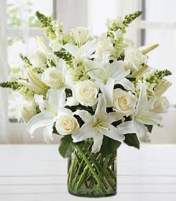 Floral Tribute - Cream White Roses and Oriental Lilies Bouquet