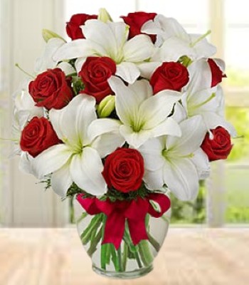 Valentine's Special - Red Roses & White Oriental Lilies Hand-Tied