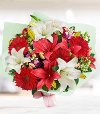 Liliy & Gerbera Daisy Bouquet With Green Fillers