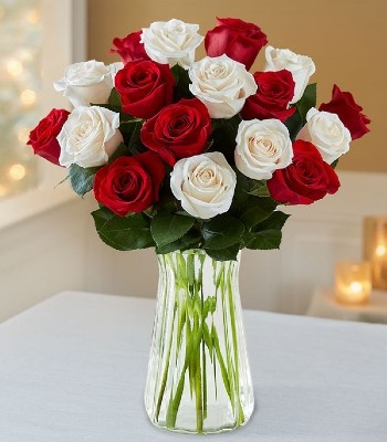 Red and White Rose Arrangement in Glass Vase