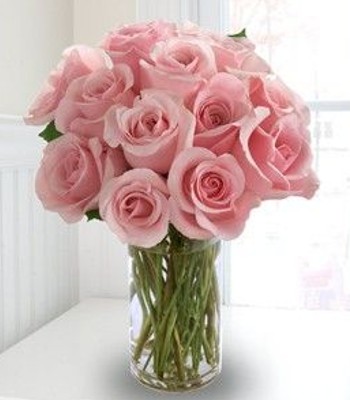 Dozen Long Stem Pink Rose Arrangement - Free Vase