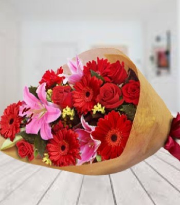 Mix Flower - Stargazer Lily With Gerbera Daisy and Roses