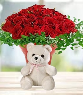 Valentines Hug - 24 Red Roses Cute Teddy Bear