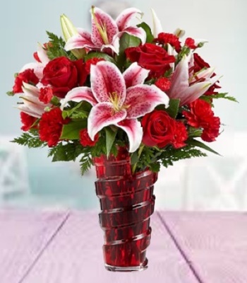 Hand-Tied Bouquet of Pink Freesias and Red Carnations