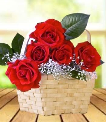 Rose Flower Basket - Red Roses in a Fancy Woven Basket