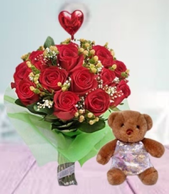 Red Rose Bouquet With Balloon and Teddy Bear - 18 Stems