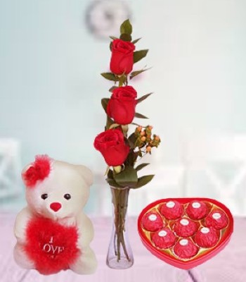Red Roses in Crystal Vase with Chocolate & Bear