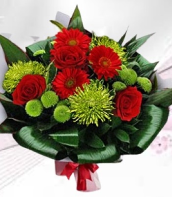 Mix Flower Bouquet - Gerbera Daisy, Lime Green Chrysanthemums and Carnations