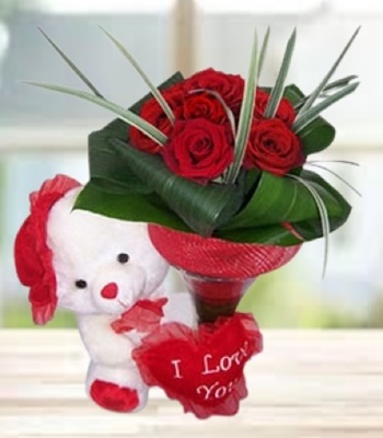 Red Roses with Cuddly Bear