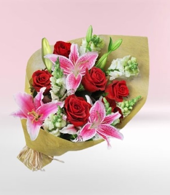 Stargazer Lilies & Rose Bouquet - Pink and Red Color Flowers