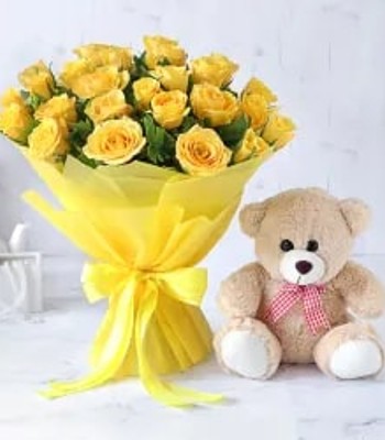 Golden Love - Dozen Yellow Roses with Cute Teddy Bear