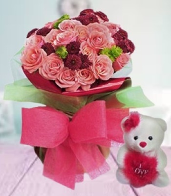 Rose Flower Bouquet - Red and Pink Roses with Teddy Bear