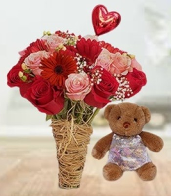 Valentine's Day Flowers - Dozen Red Rose Bouquet with Cuddly Bear