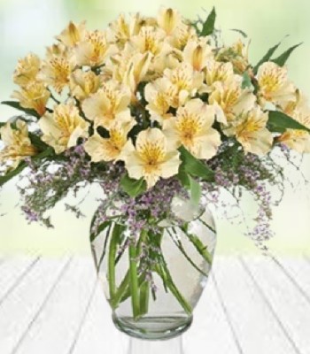 Peruvian Lilies Alstromerias and Lemonium in Glass Vase