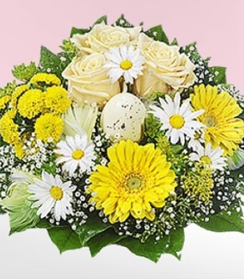 Mix Flower Bouquet - Rose, Gerbera Daisy, Germinis & Santini Ball with Decorative Egg