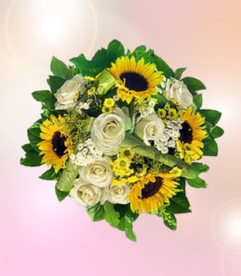 Morning Dream - Sunbright Sunflowers and Pure White Roses