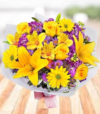 Mix Flower Bouquet - Yellow Rose, Lily, Carnation & Purple Hydangeas