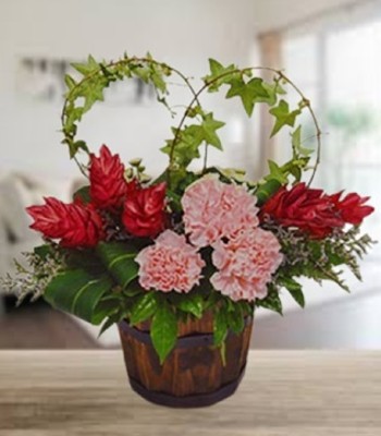 Exotic Ginger Carnations and Ivy in Fancy Wooden Bucket